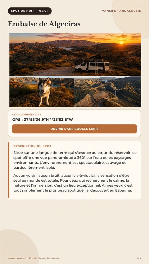 Un spot complet avec GPS — page du Guide Vanlife Andalousie